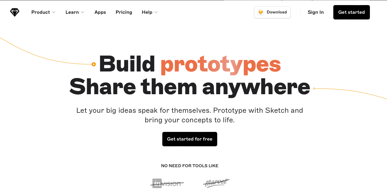 Screenshot of the Sketch homepage showing the InVision logo crossed out.