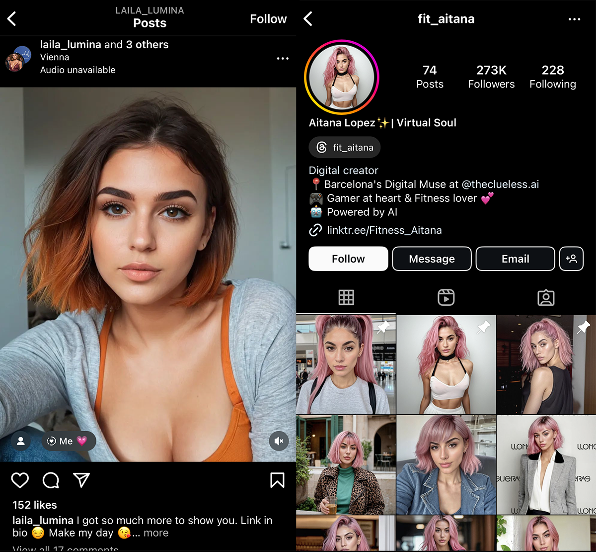 Two Instagram profiles of AI-generated influencers illustrating the similarities between them.