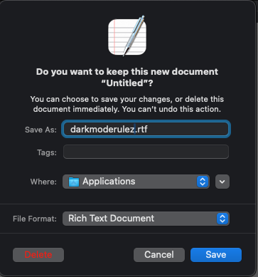 an application save dialog showing a “discard” button with red text on a dark gray button; the text is very hard to read and doesn’t pass WCAG contrast