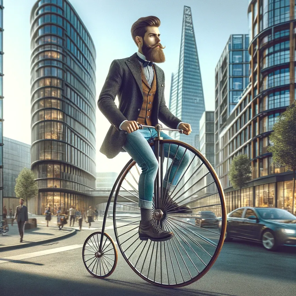 hipster male wearing skinny jeans and riding a penny farthing bicycle in a modern city.