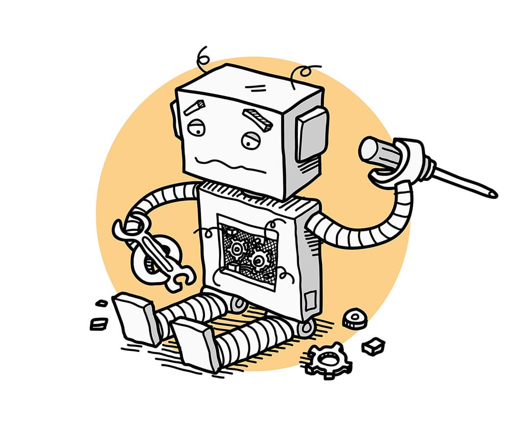 Line drawing of a sad robot trying to repair itself.