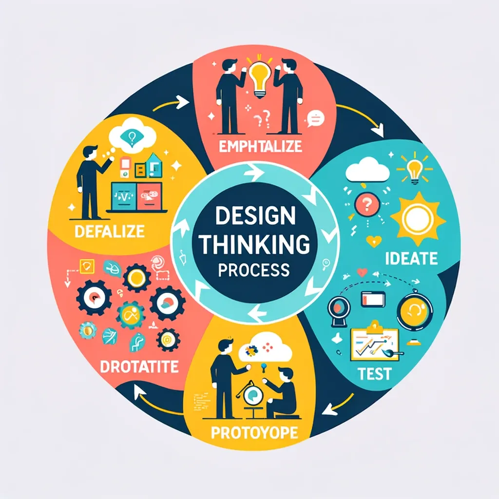 A circular chat depicting the design thinking process, with extra steps and random words like "defalize" and "drotatite."