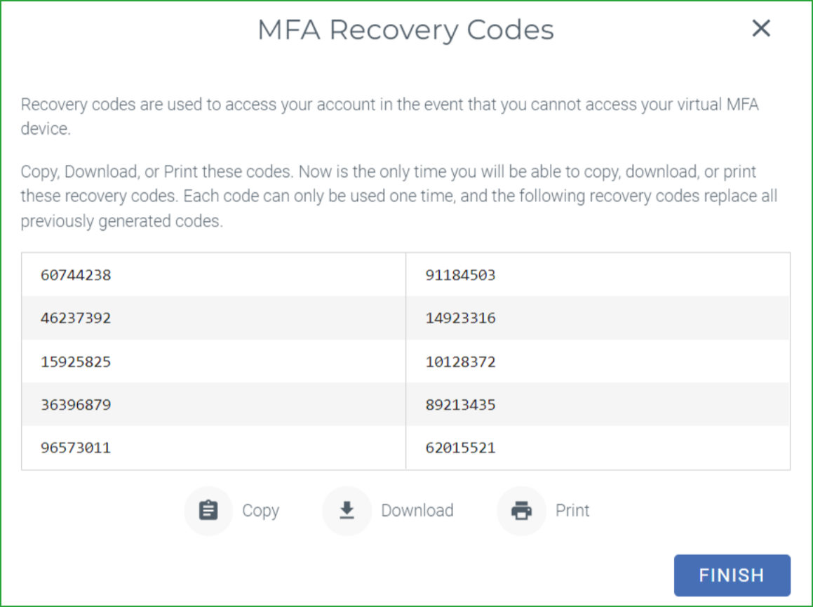 Screenshot illustrating the process of saving MFA recovery codes.