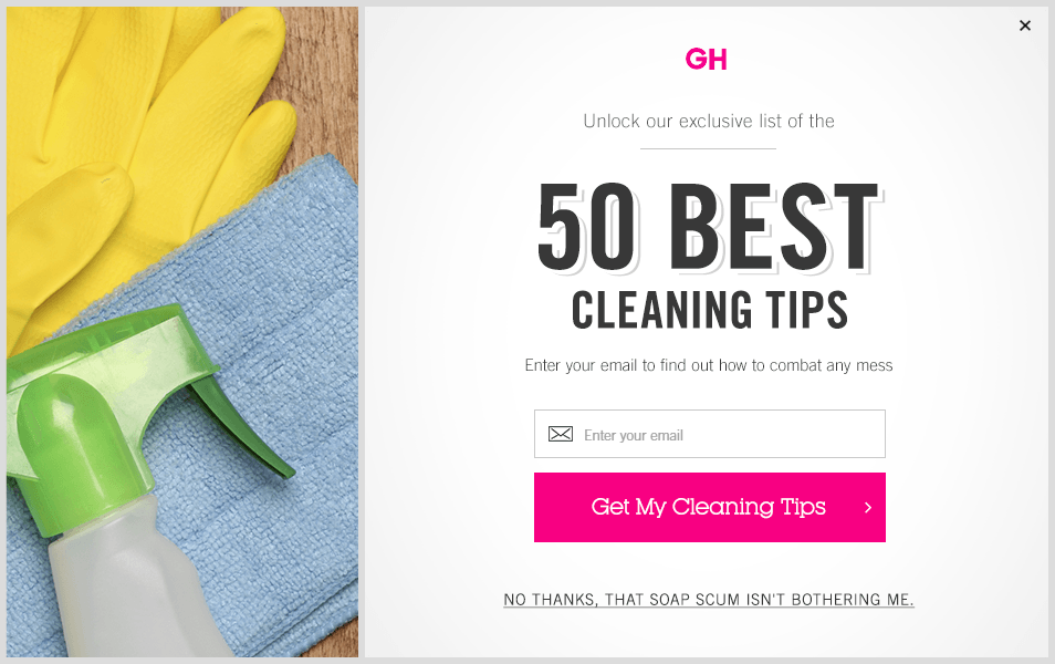 A popup from goodhouskeeping.com with a secondary/decline link reading, "No thanks, that soap scum isn't bothering me."