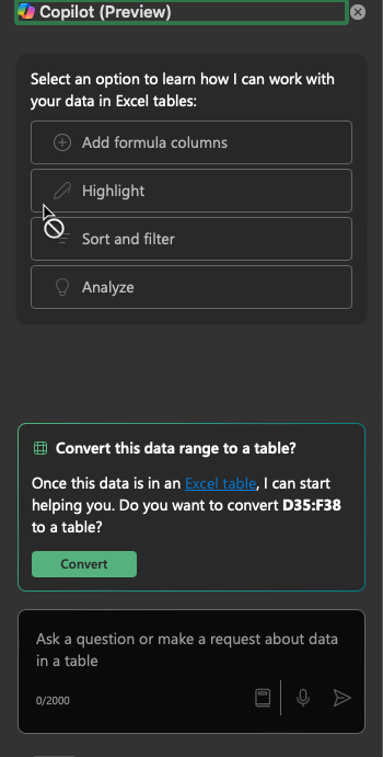 Copilot sidebar for Excel, showing a prompt to convert the data to a table.