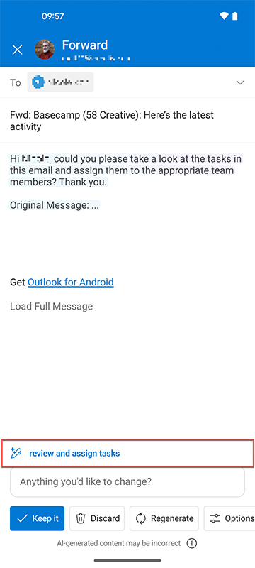 Screenshot of the Outlook for Android app showing an AI-generated email based on a short prompt.